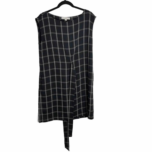 Loft Sleeveless Window Pane Shift Dress Tie Waist Black White Cap Sleeve Size 6 - Picture 3 of 9